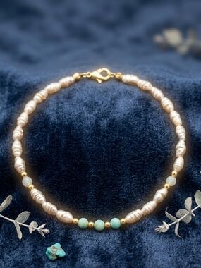 Cream Baroque Pearl Necklace with Turquoise Accent and Gold Beads